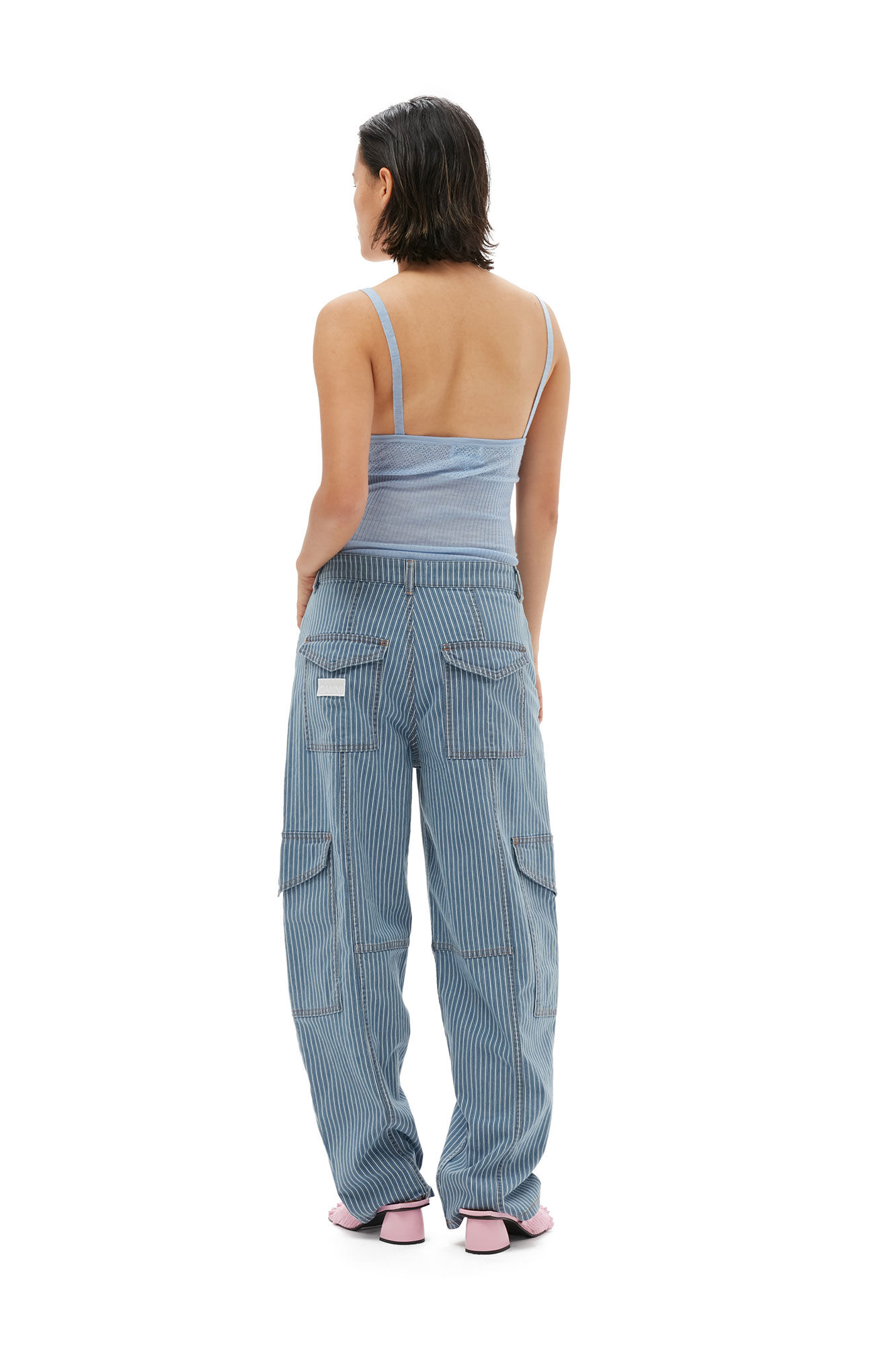 Light Stripe Denim Cargo Pants, Elastane, in colour Mid Blue Stone - 2 - GANNI