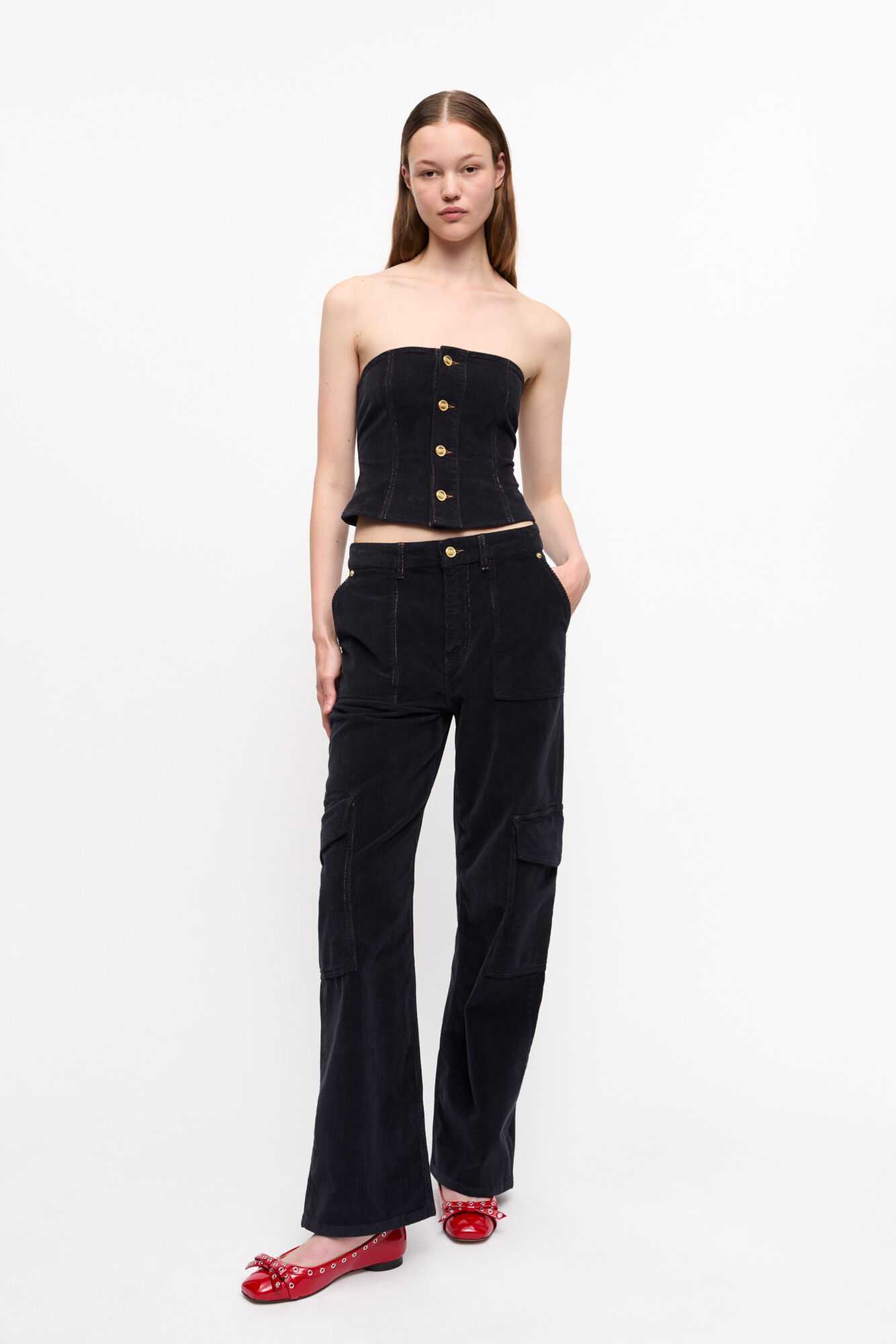 Blue Washed Corduroy Cargo Pants, Elastane, in colour Sky Captain - 1 - GANNI