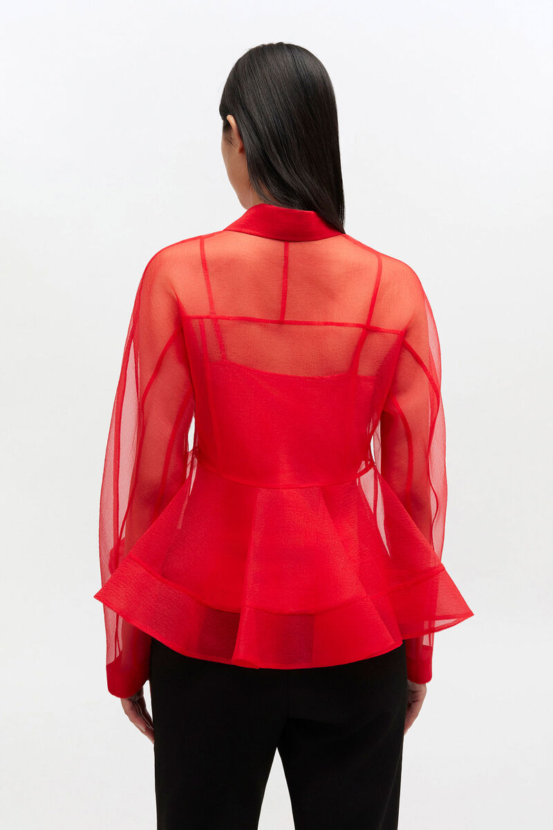 Rød peplumskjorte i organza, in colour Mars Red - 3 - GANNI