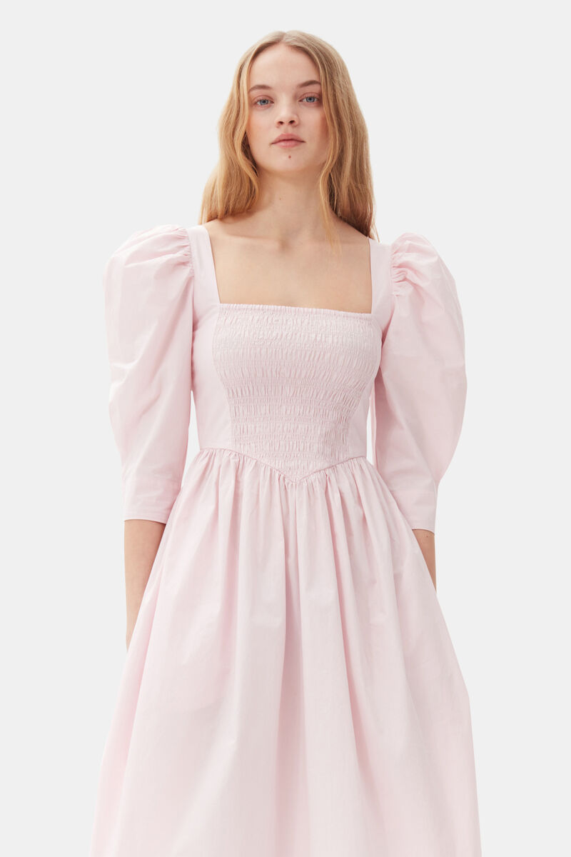Pink Cotton Poplin Open Neck Smock Dress, Cotton, in colour Chalk Pink - 2 - GANNI