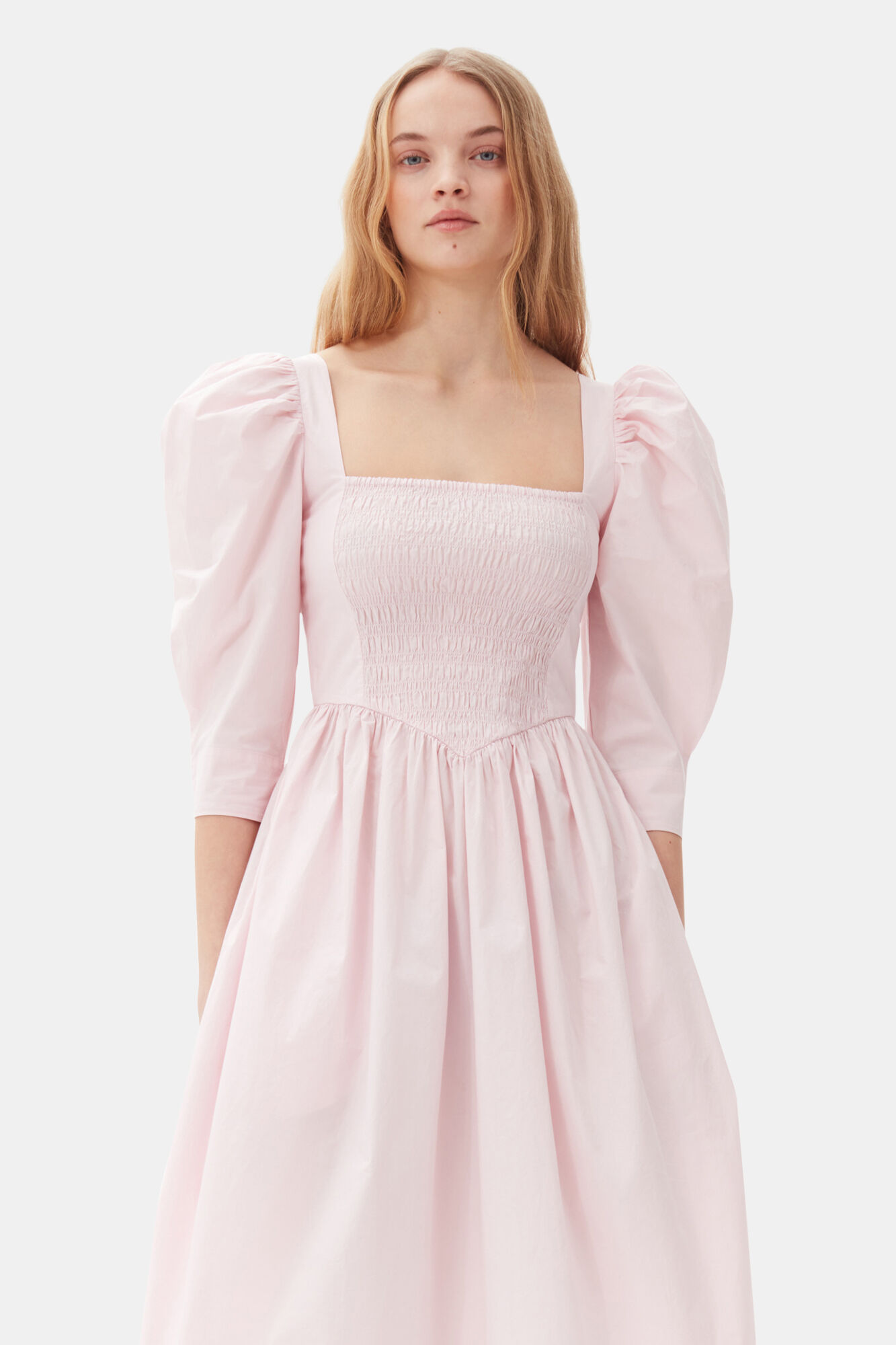 Pink Cotton Poplin Open Neck Smock Dress, Cotton, in colour Chalk Pink - 2 - GANNI