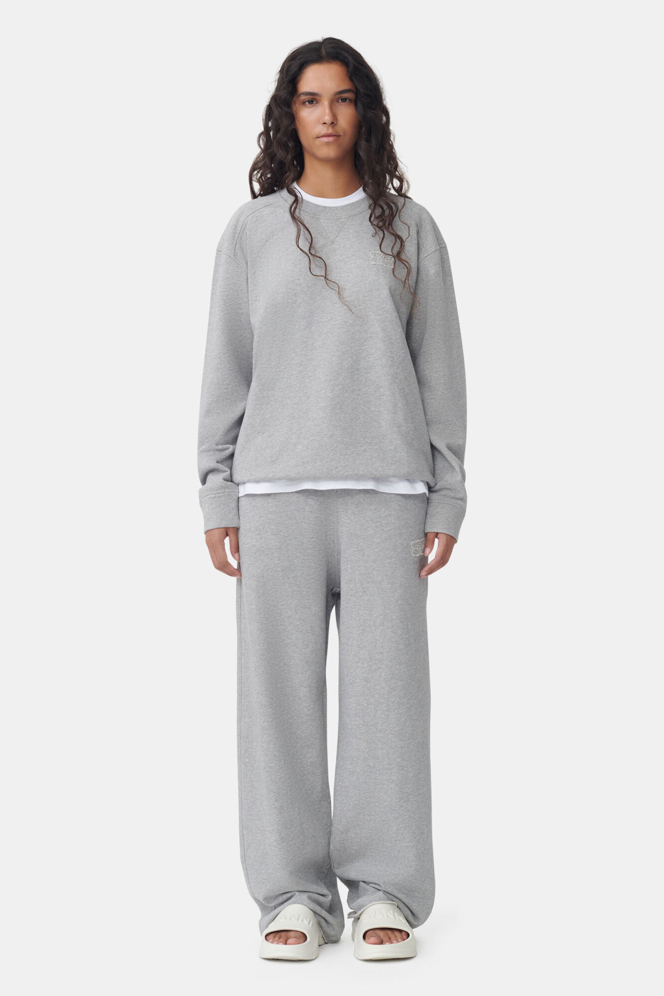 Grey Isoli Wide Leg Pants, Cotton, in colour Paloma Melange - 1 - GANNI
