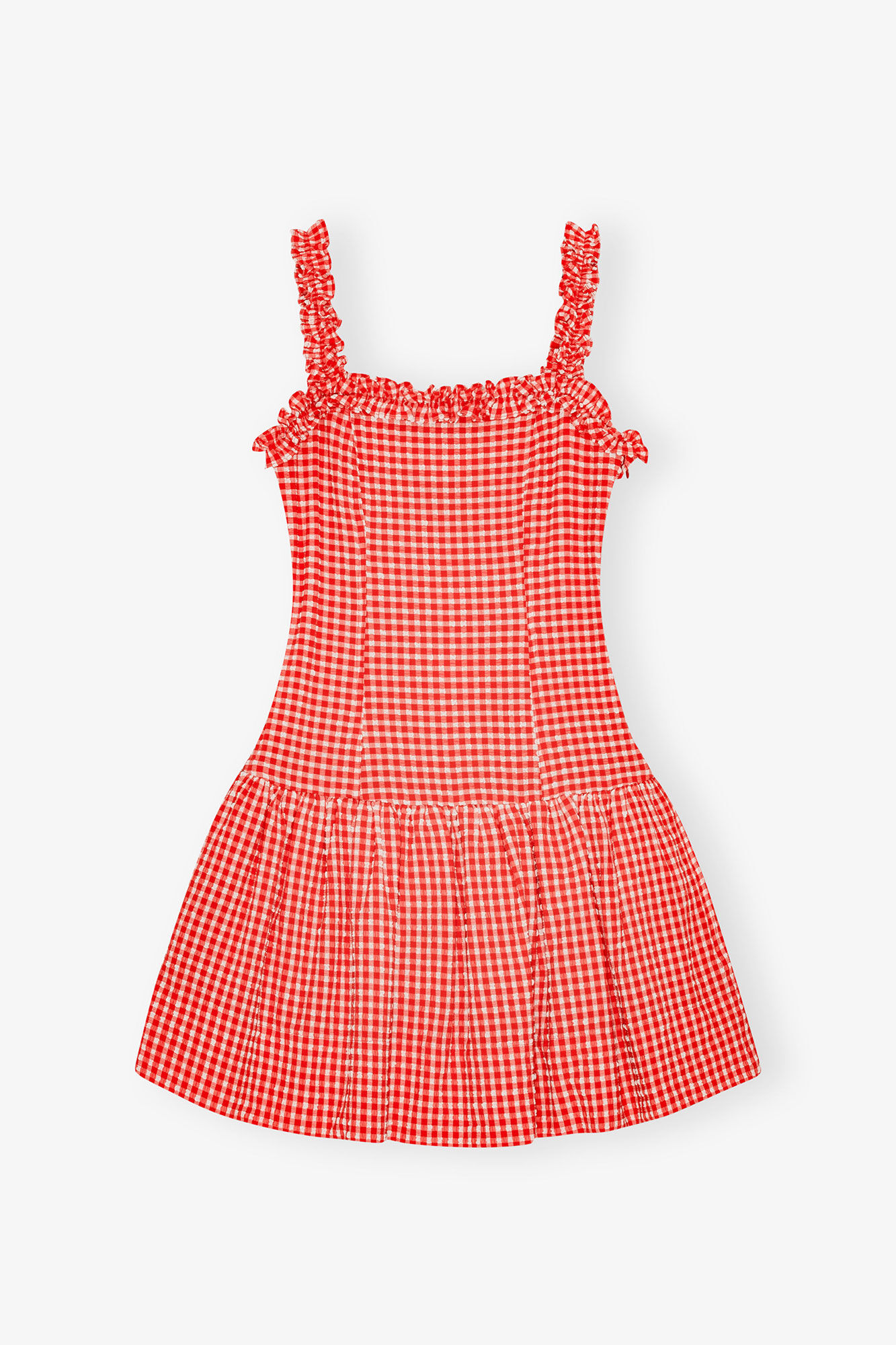 Red Stretch Seersucker Strap Ruffle Mini Dress, Elastane, in colour Racing Red - 1 - GANNI