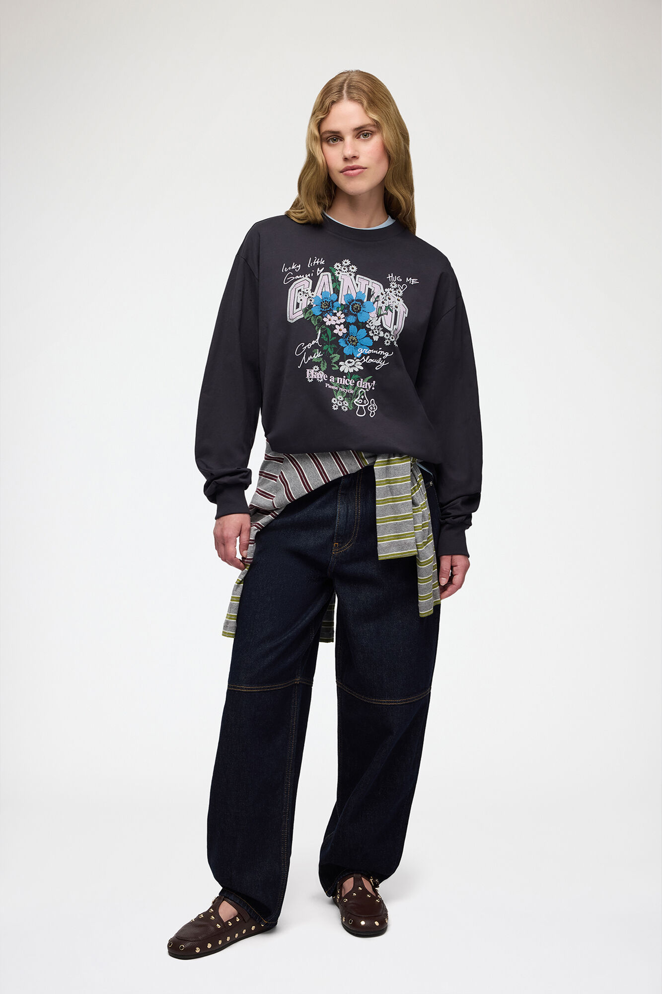 Long-sleeve T-shirt with Flowers, Organic Cotton, in colour Phantom - 2 - GANNI