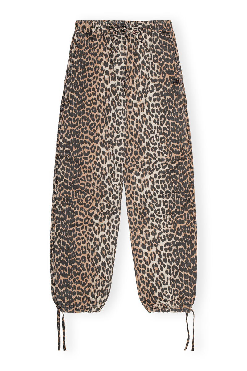 Leopard Washed Cotton Canvas Drawstring Trousers, Elastane, in colour Almond Milk - 1 - GANNI