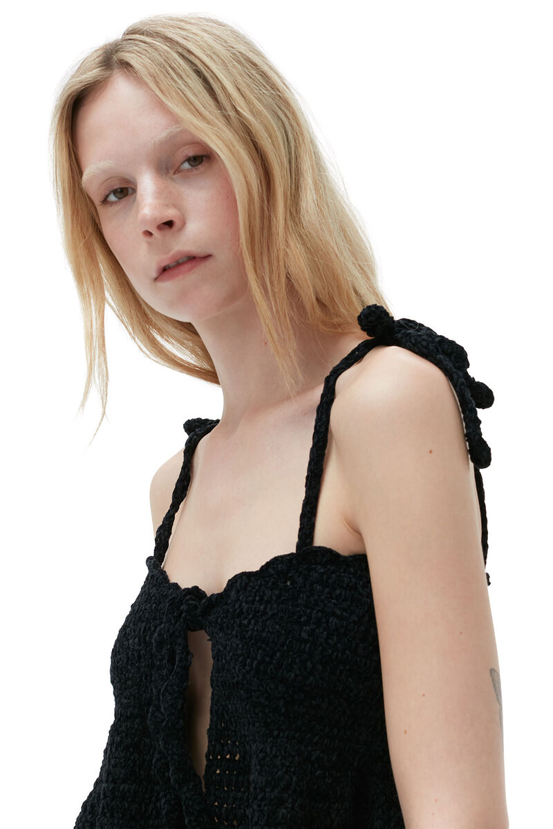 Velvet Crochet Bandeau Strap Top, Polyester, in colour Black - 5 - GANNI