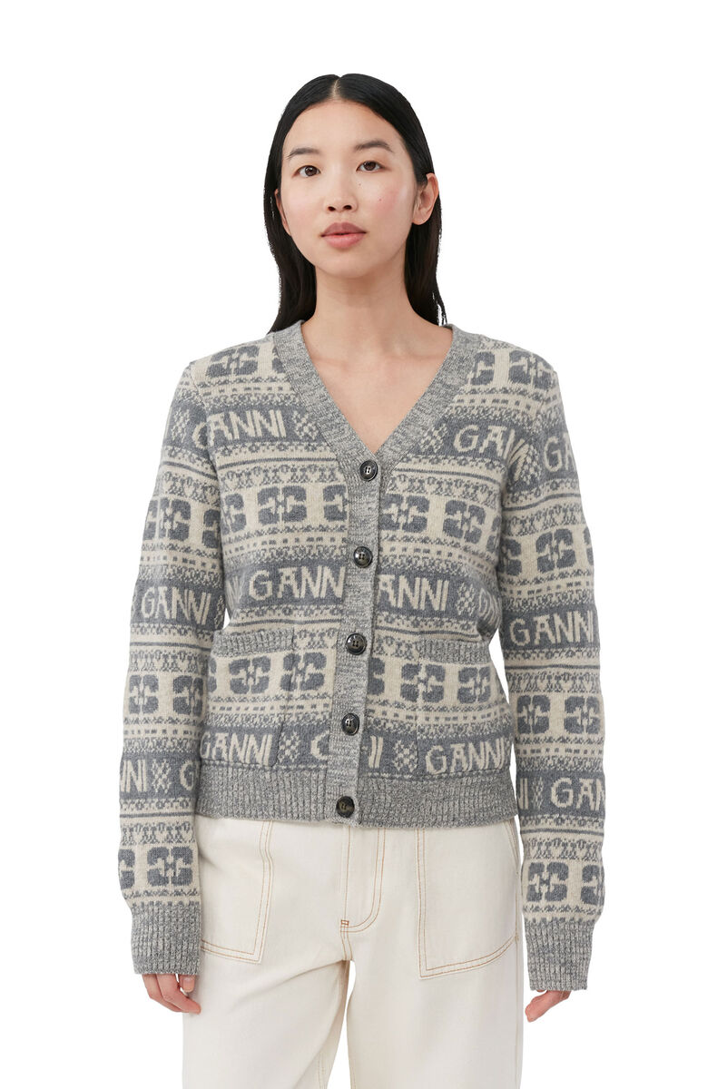 Grey Logo Wool Mix Cardigan, Recycled Polyamide, in colour Frost Gray - 4 - GANNI