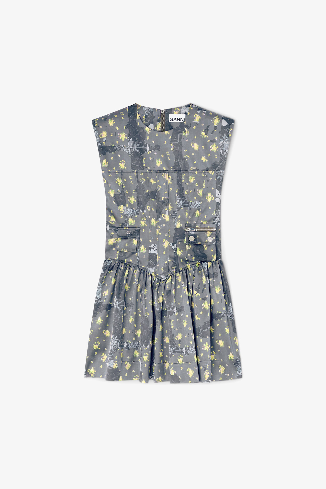 Dress in Printed Satin, Recycled Polyester, in colour Black Sand - 1 - GANNI