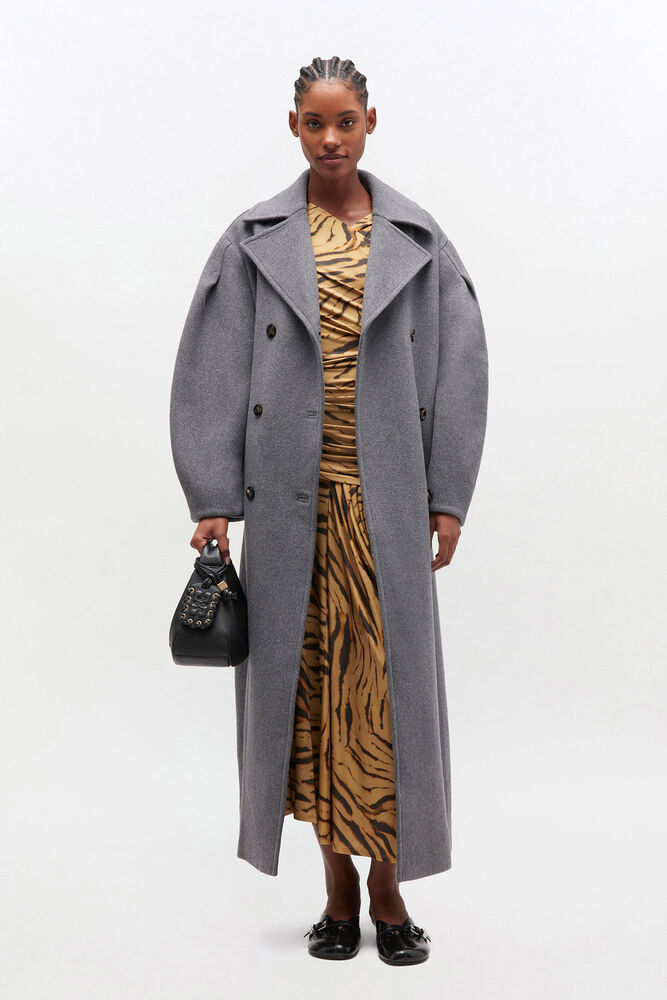 Grey Wool Oversized Long Peacoat, Pewter