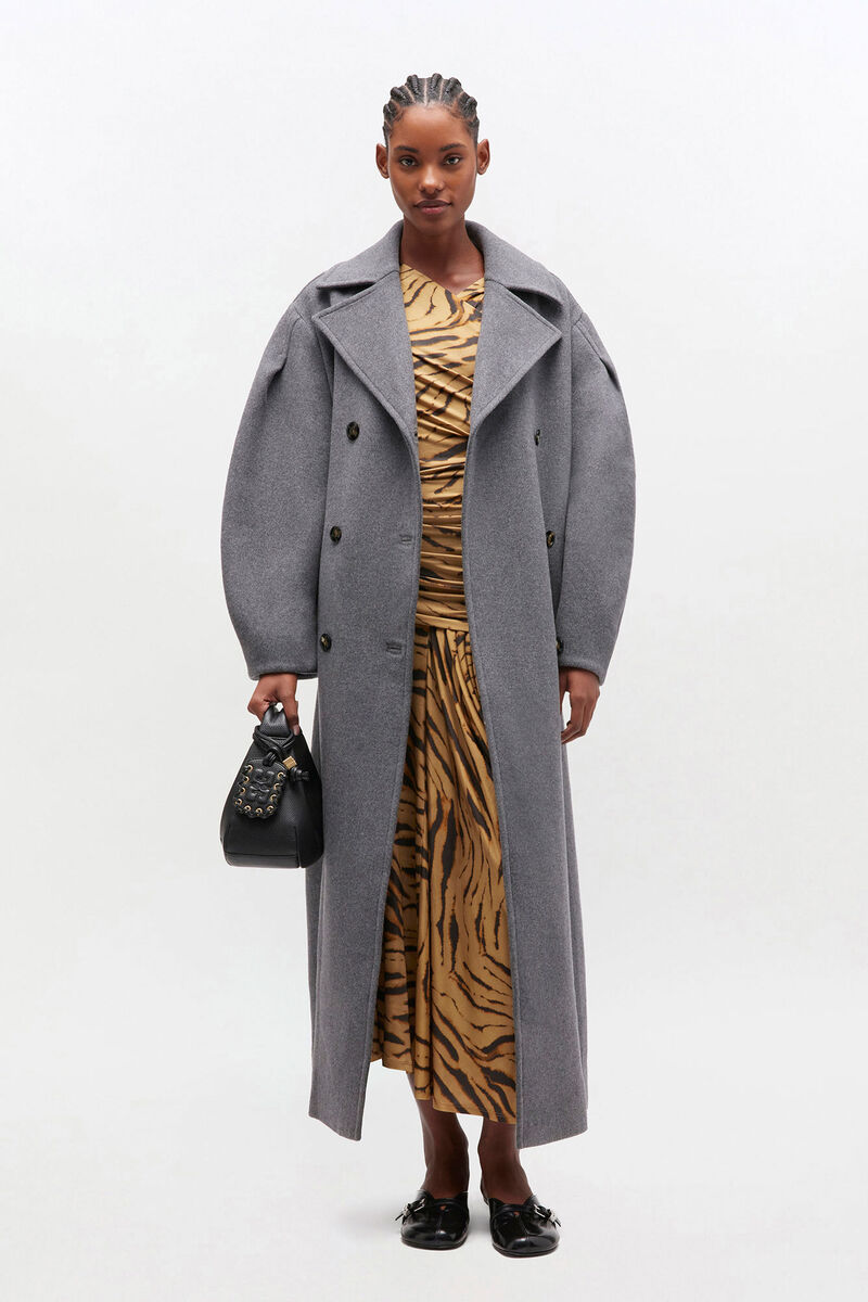 Grey Wool Oversized Long Peacoat, Nylon, in colour Pewter - 1 - GANNI