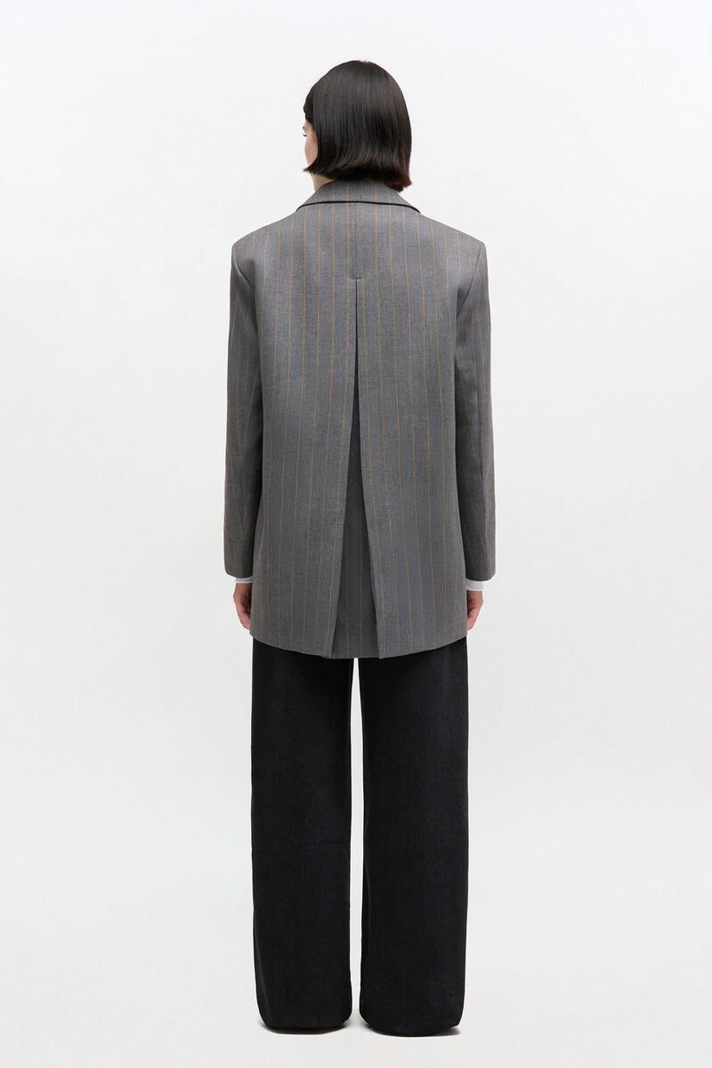 Grey Stripe Wool Blazer, in colour Pewter Melange - 2 - GANNI