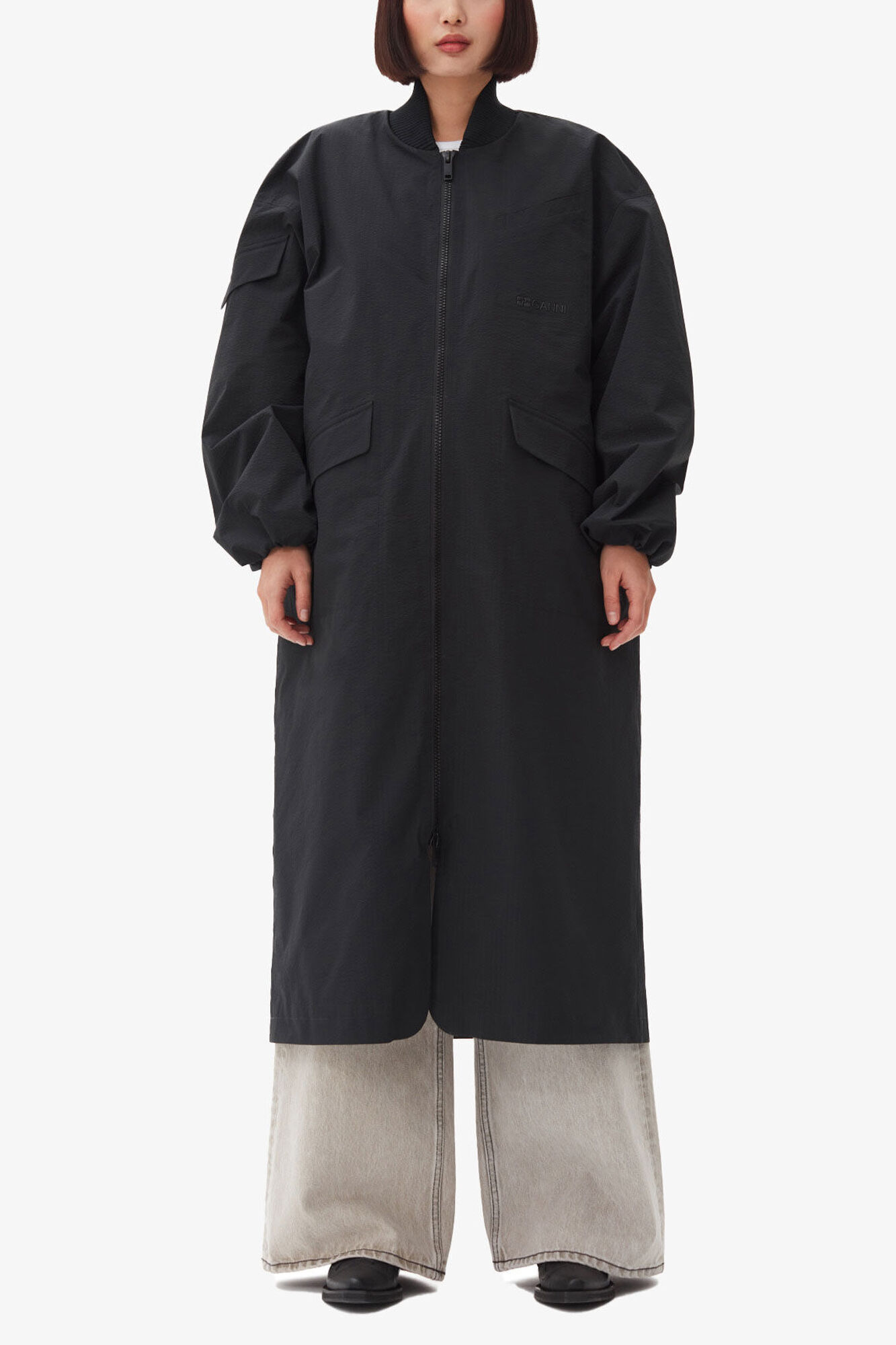 Black Tech Seersucker Oversized Shell Coat | GANNI NL