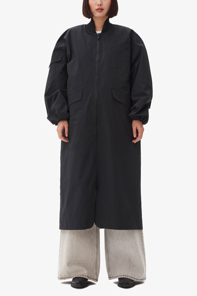 Black Tech Seersucker Oversized Shell Coat, Black