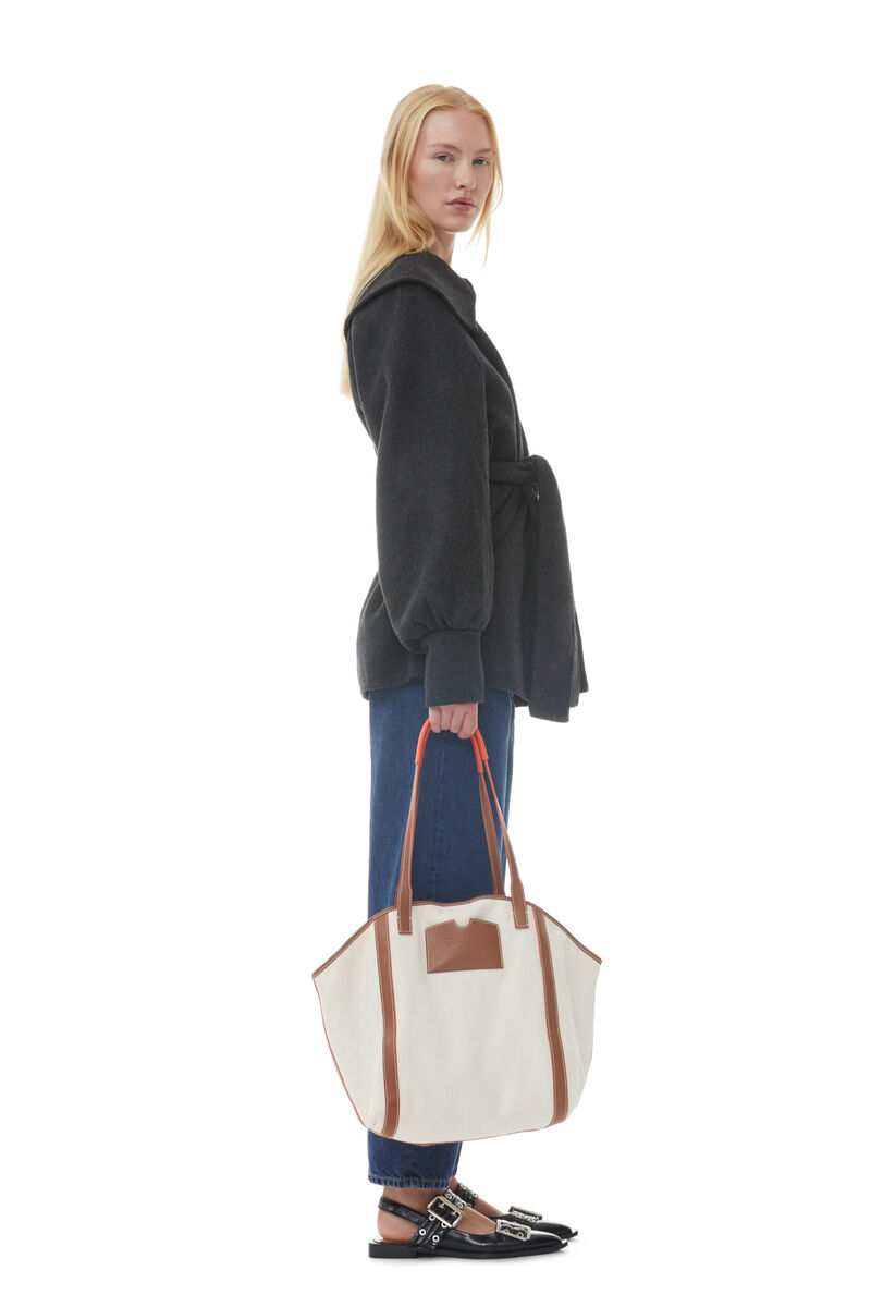 White Large Banner Tote Taske, Recycled Cotton, in colour Egret - 2 - GANNI