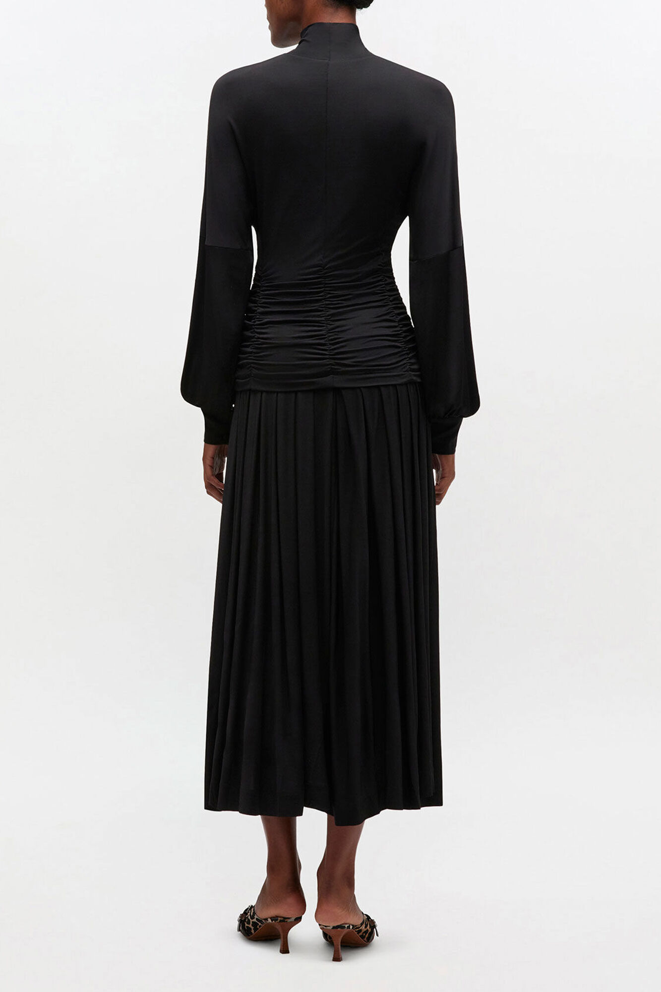 Long Dress in Black Ruched, Viscose, in colour Black - 2 - GANNI