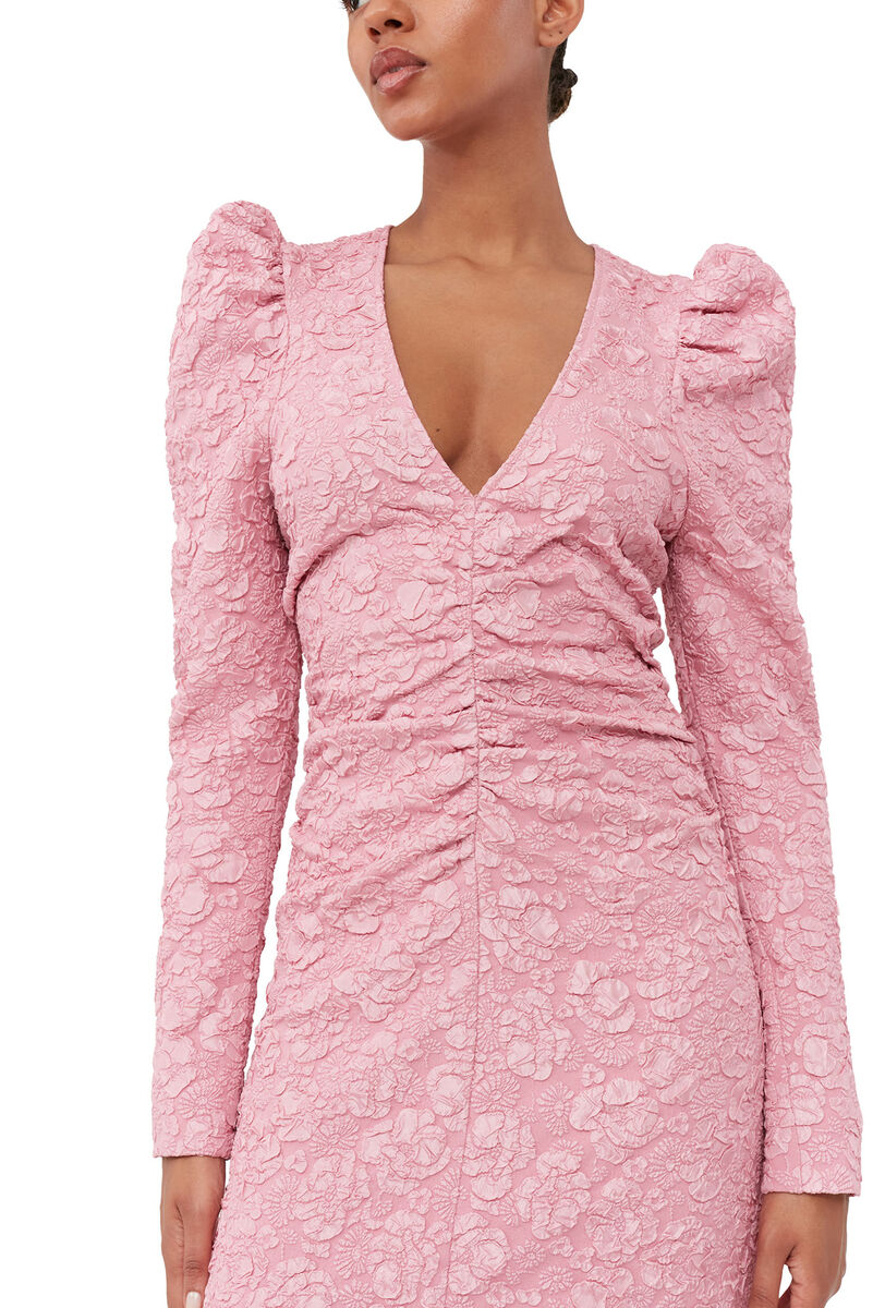 Pink Jacquard V-neck Mini Dress, Polyester, in colour Orchid Smoke - 5 - GANNI
