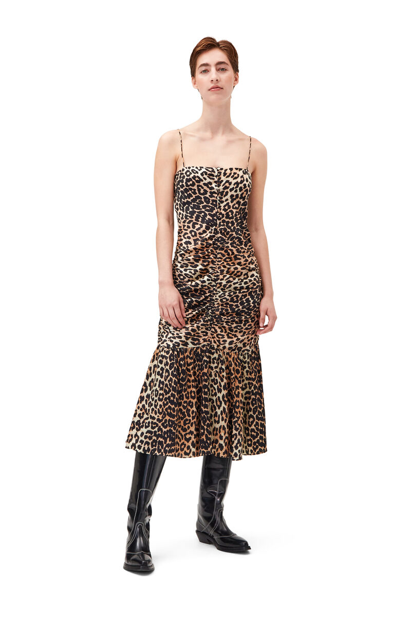Midi slipklänning i sidensatin, Polyester, in colour Leopard - 1 - GANNI