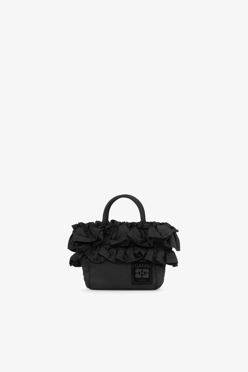 Black Mini Ruffle Tote, Recycled Nylon, in colour Black - 1 - GANNI