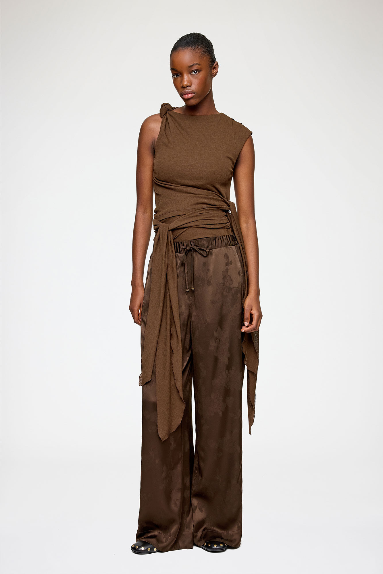 Trousers in Brown Satin, Acetate, in colour Demitasse - 1 - GANNI