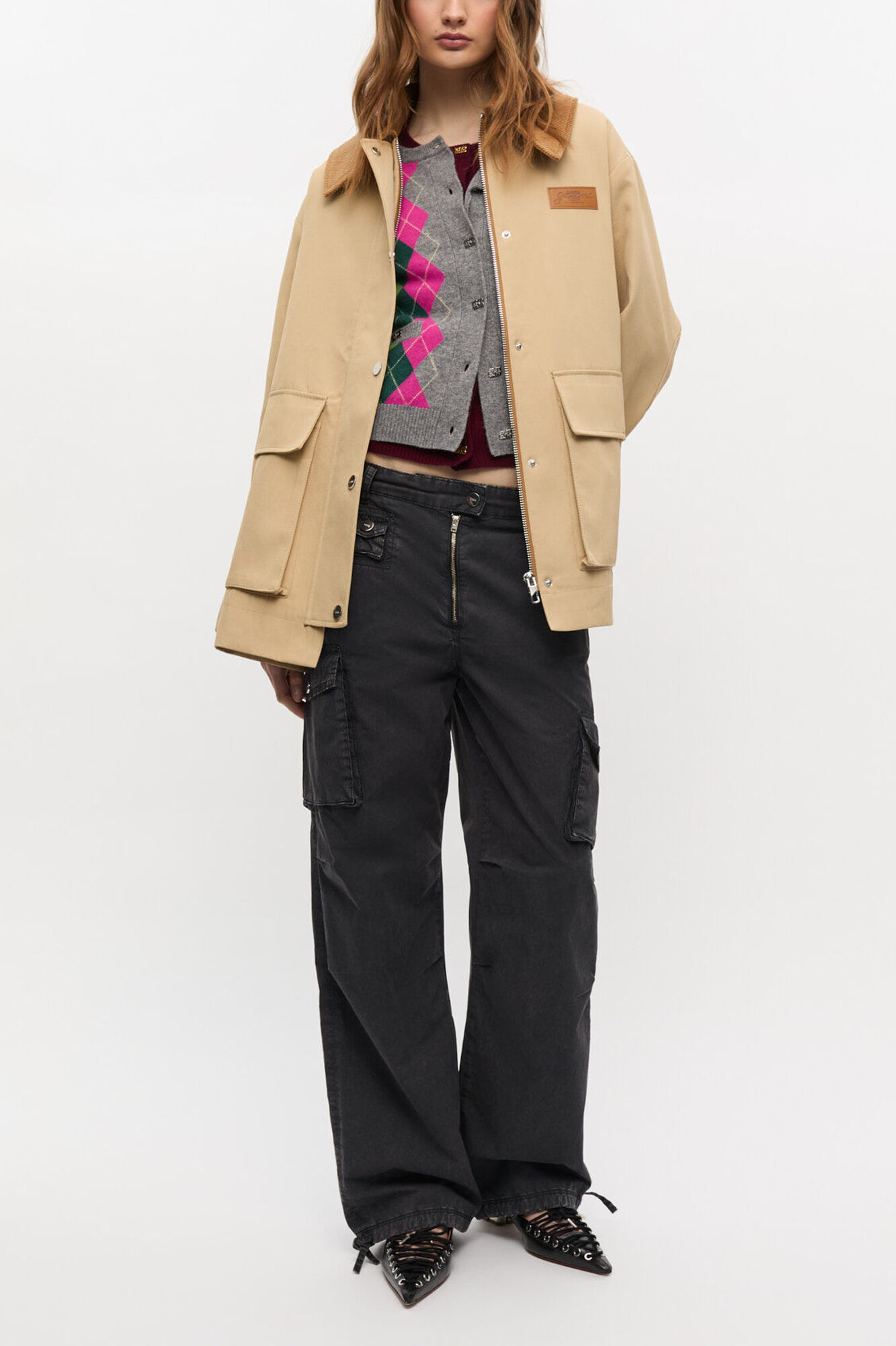 Camel Twill Midi Jacket, Recycled Polyester, in colour Pale Khaki - 2 - GANNI