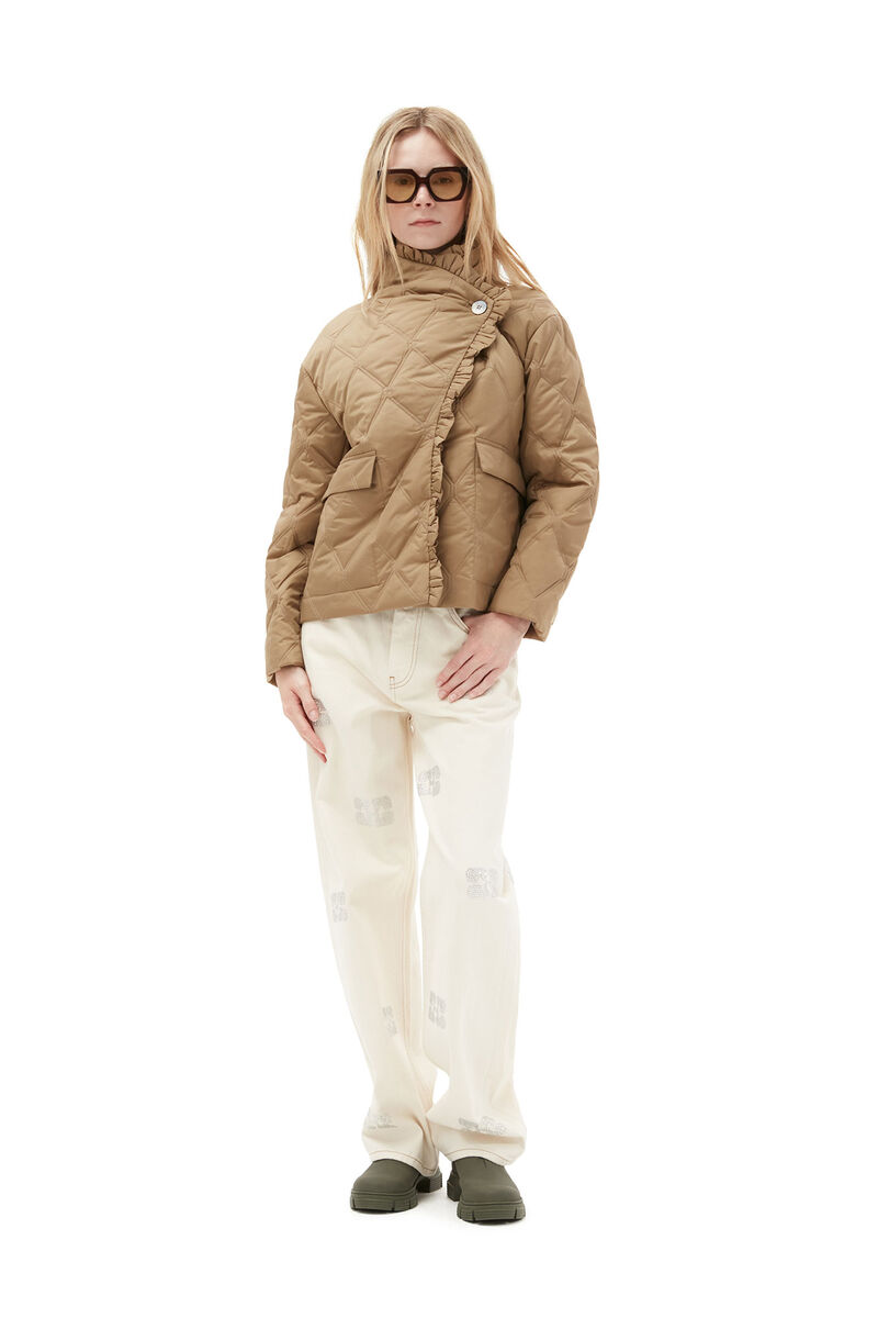 Ripstop Quilt Frill Edge Jacket, Recycled Polyester, in colour Petrified Oak - 1 - GANNI