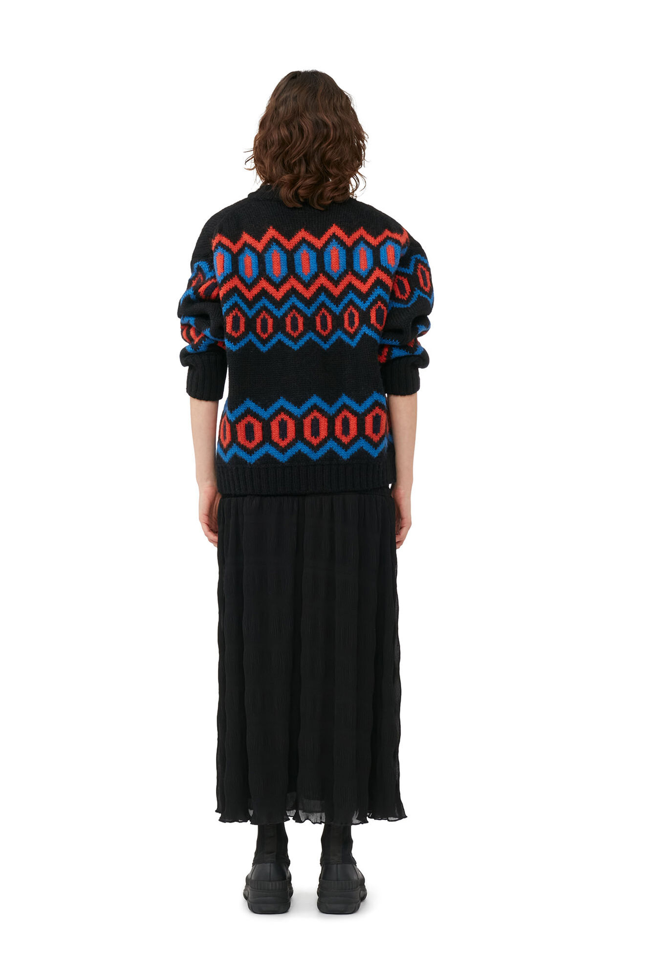 Black Chunky Graphic Wool Cardigan, Organic Wool, in colour Black - 3 - GANNI