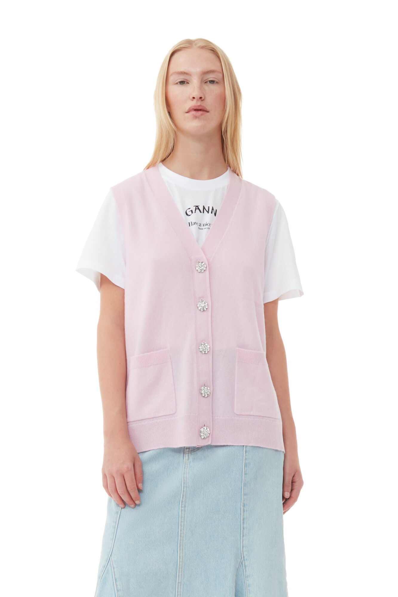 Pink Tulle Cashmere Mix Button Vest | GANNI US