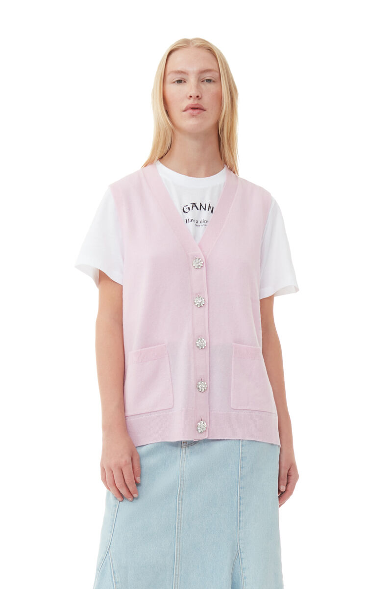 Cashmere Mix Button Vest, Cashmere, in colour Pink Tulle - 1 - GANNI