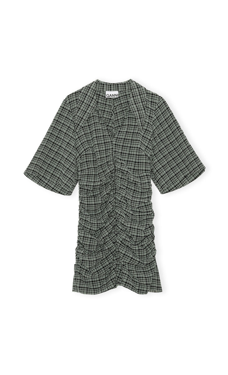 Seersucker V-Neck Mini Dress, Elastane, in colour Mini Check Green Bay - 1 - GANNI