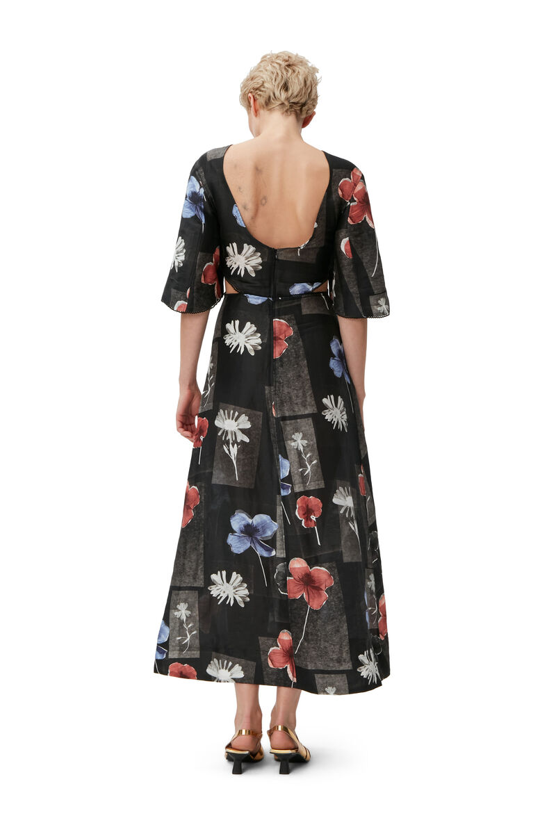Maxi Dress, Linen, in colour Flowers Black - 2 - GANNI