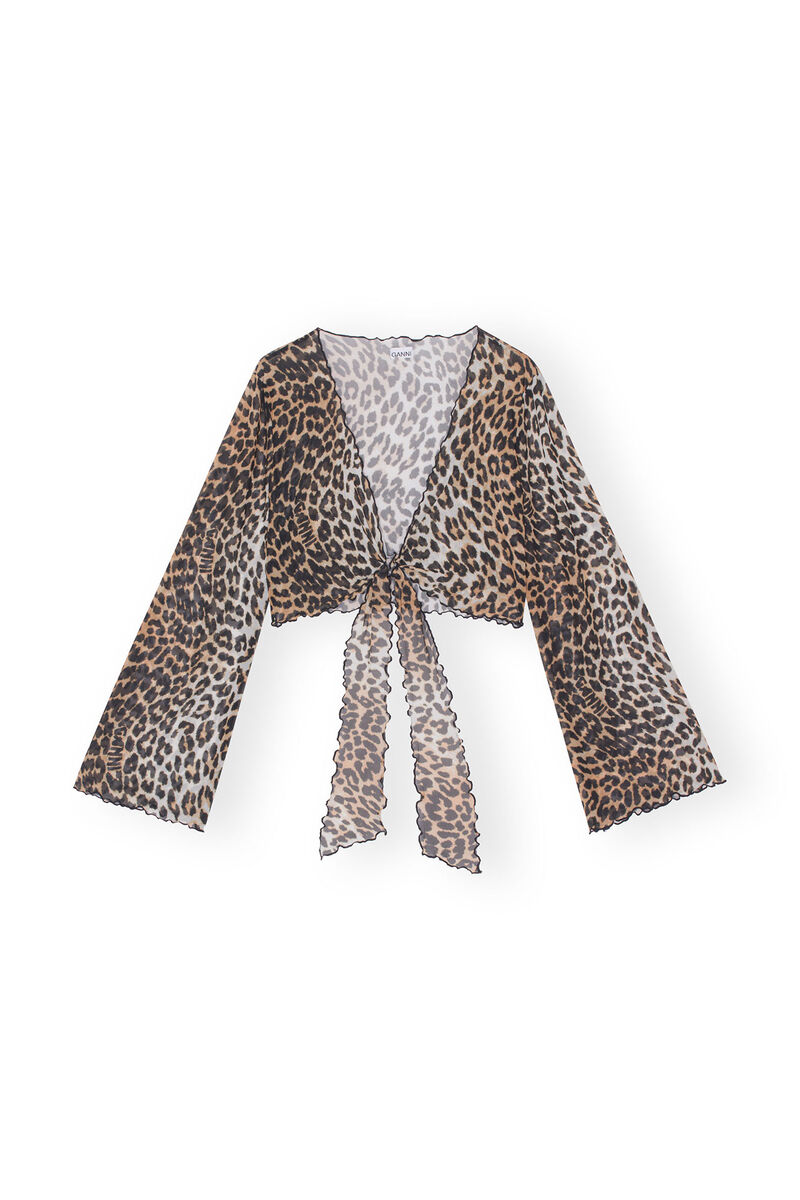 Mesh-Überwurf-Wickelbluse, Recycled Nylon, in colour Leopard - 1 - GANNI