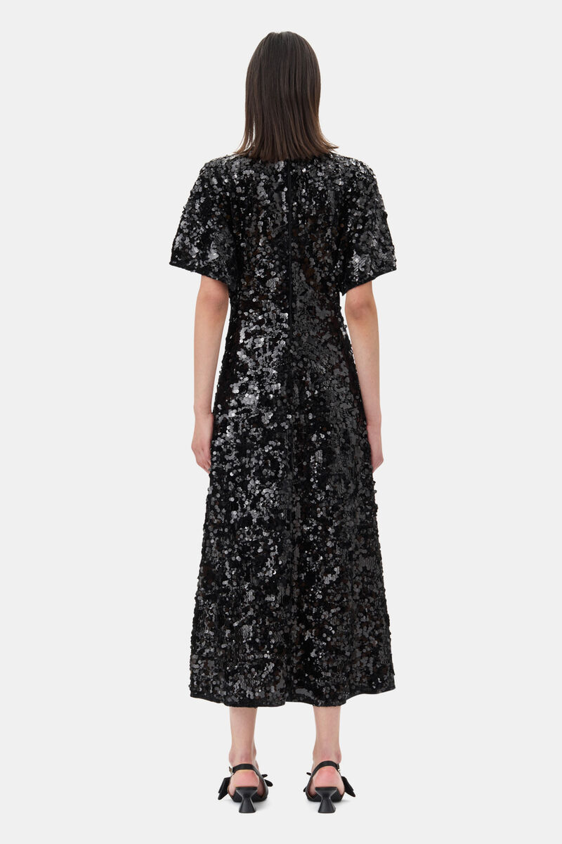 Black Velvet Sequins Long Dress, Polyester, in colour Black - 4 - GANNI