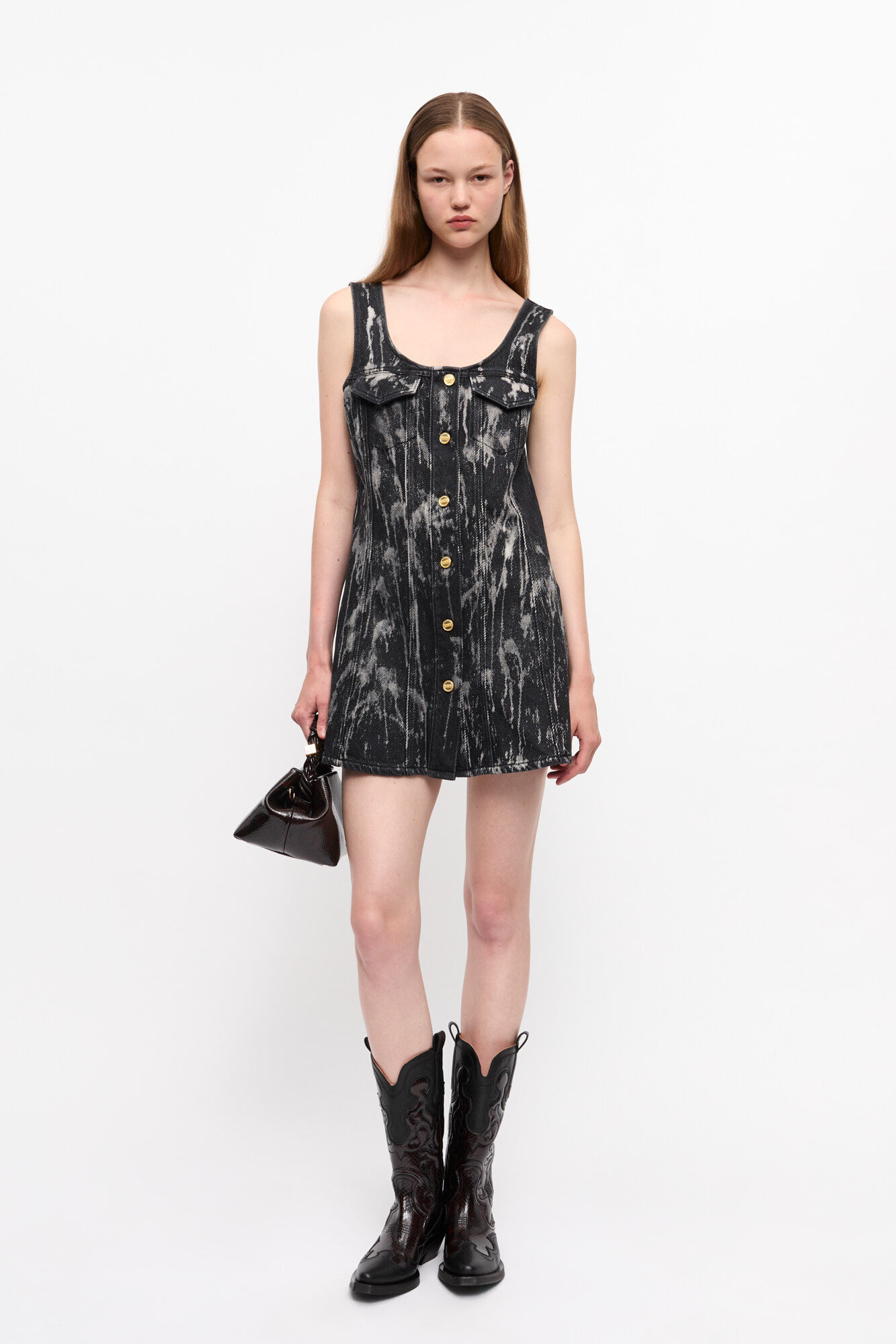 Black Denim Mini Dress, Cotton, in colour Washed Black/Black - 1 - GANNI
