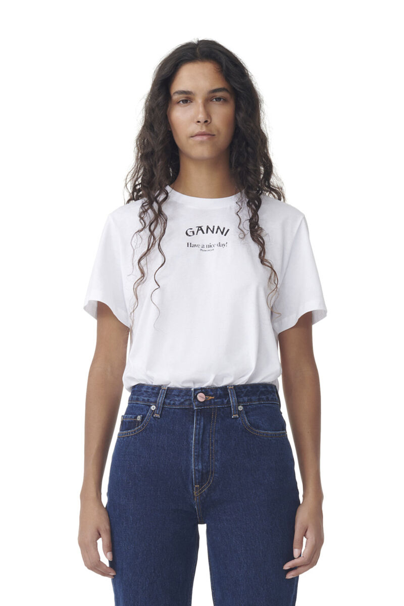 Lässiges, weißes T-Shirt mit O-Ausschnitt, Cotton, in colour Bright White - 1 - GANNI