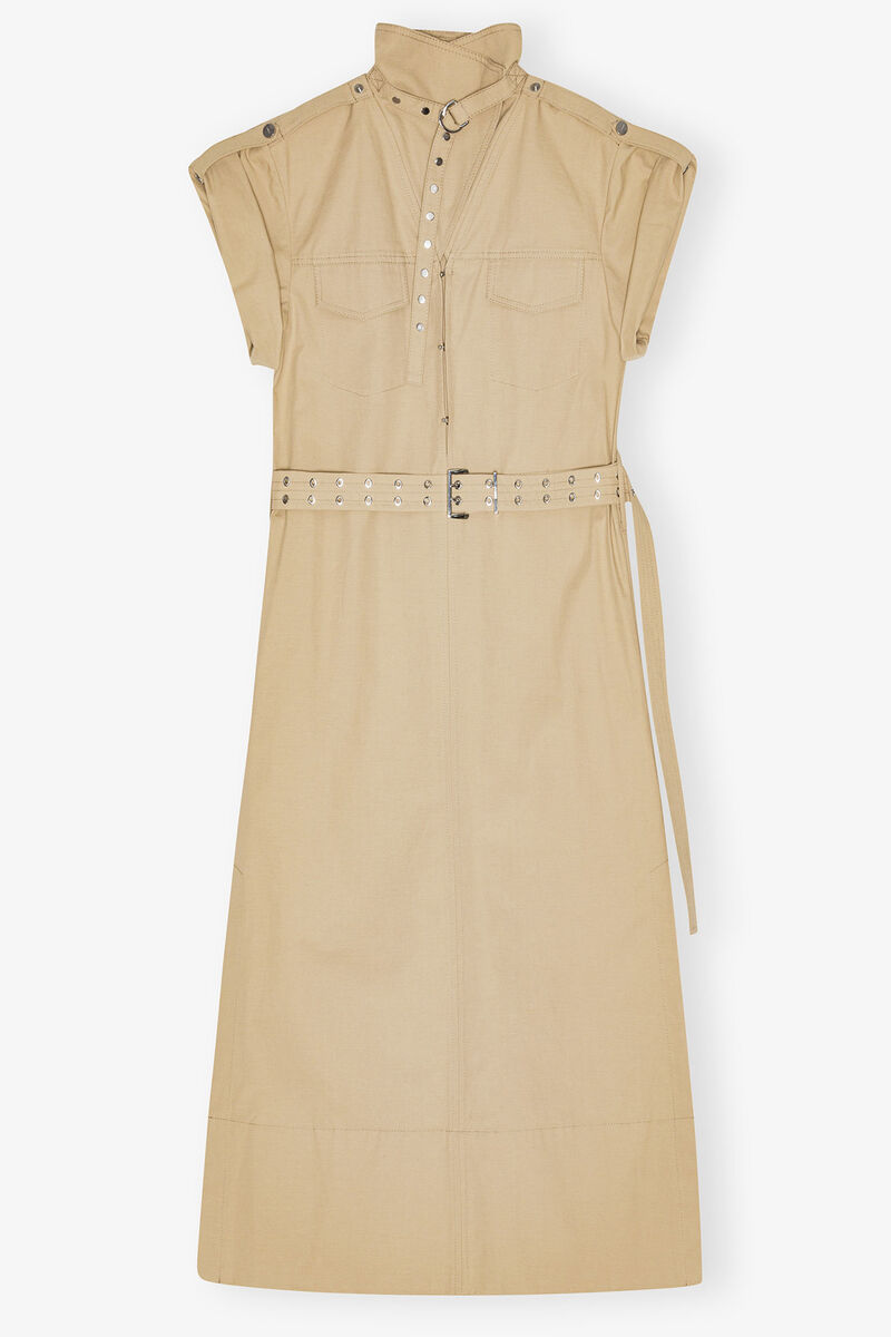 Beige Stretch Cotton Dress, Linen, in colour Pale Khaki - 1 - GANNI