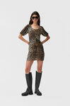 Ruched Mesh Mini Dress, Recycled Nylon, in colour Leopard Seedpearl - 1 - GANNI