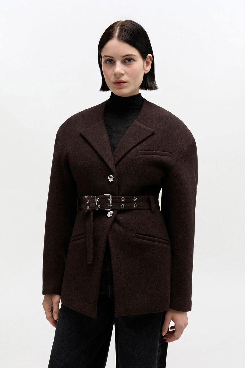 Brown Wool Jacket, in colour Demitasse - 2 - GANNI