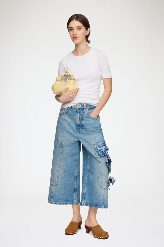 Baggy Cropped Jeans in Flower Print Denim, Mid Blue Stone