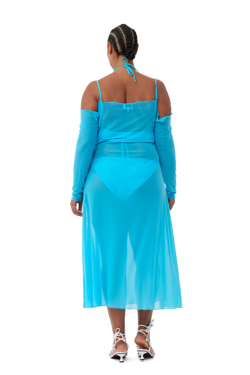 GANNI X ESTER MANAS Mesh Off Shoulder Dress, Recycled Nylon, in colour Bachelor Blue - 2 - GANNI