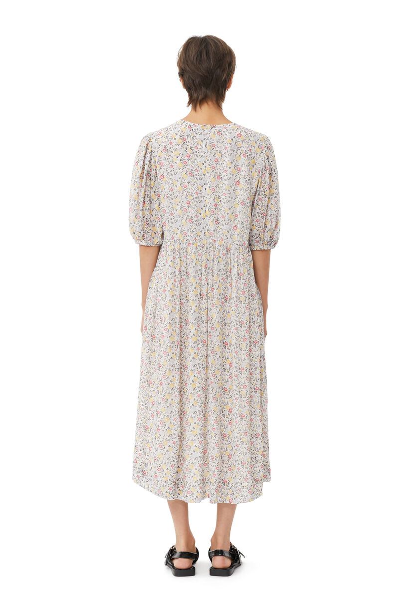Egret Printed Georgette Puff Sleeve Midi Dress | GANNI US