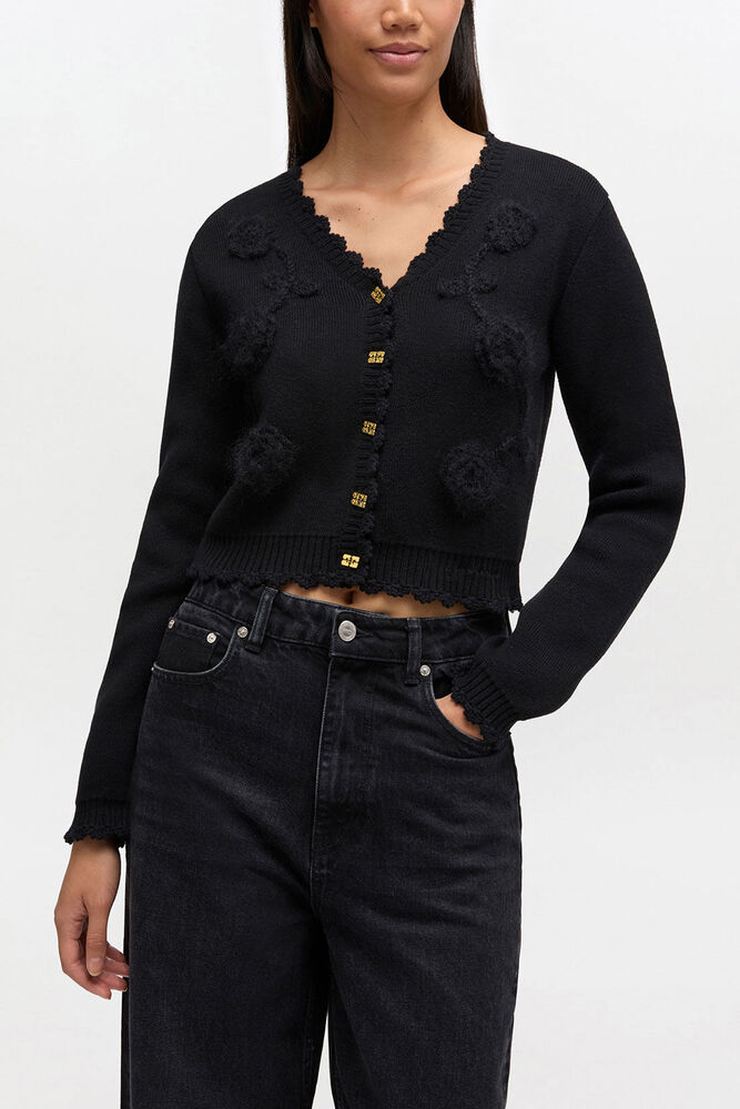 Black Crochet Applique Cardigan, Black