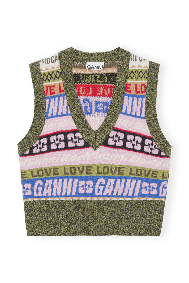 Graphic V-neck Vest, Recycled Polyamide, in colour Multicolour - 1 - GANNI