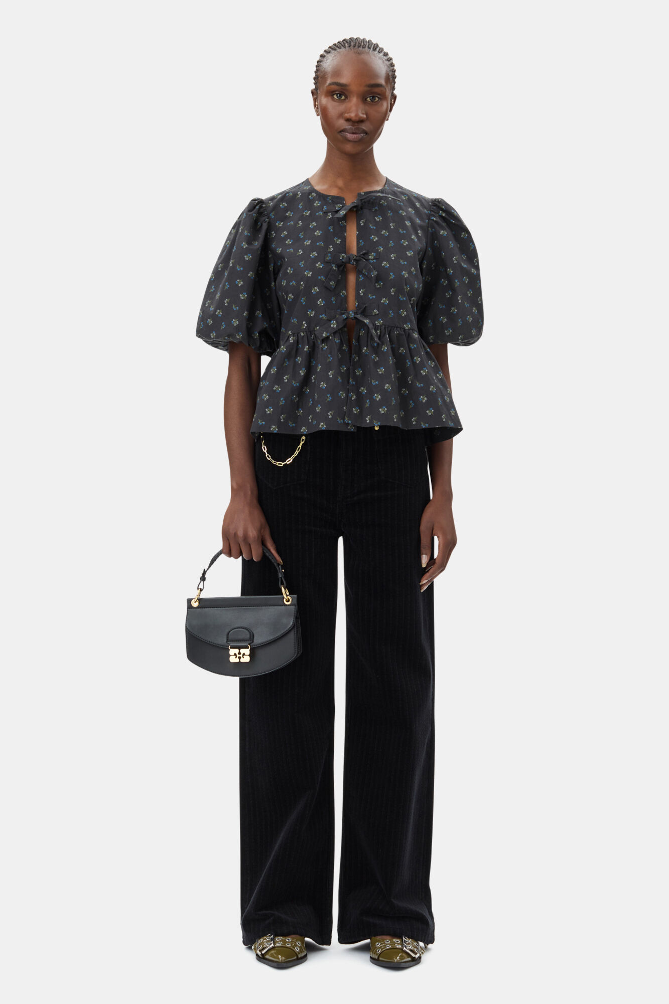 Black Printed Cotton Peplum Blouse, Cotton, in colour Phantom - 2 - GANNI