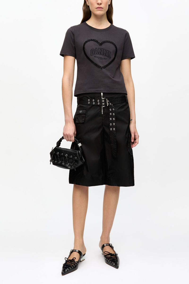 Black Cropped Heart T-shirt, Organic Cotton, in colour Phantom - 2 - GANNI