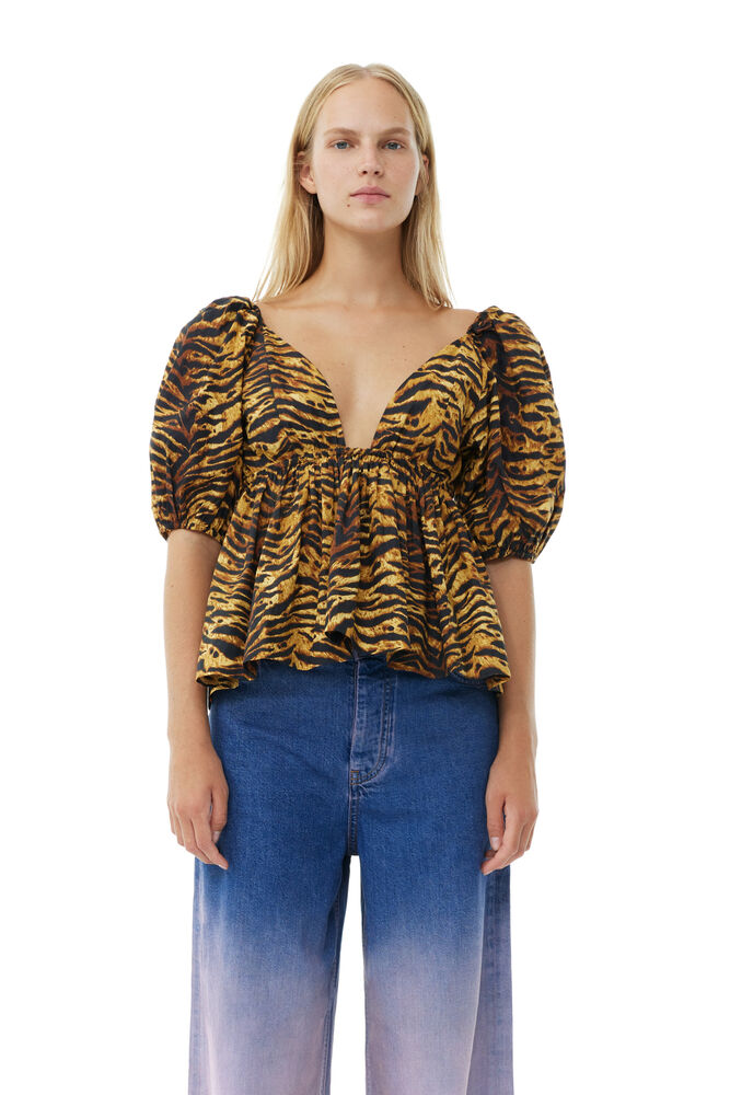 Animal Printed Cotton Blouse, Ochre