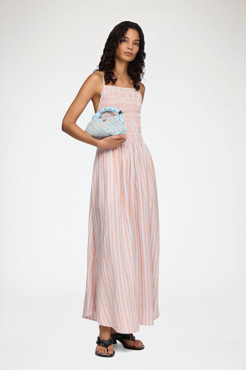 Dress in Striped Linen, Linen, in colour Cantaloupe - 1 - GANNI