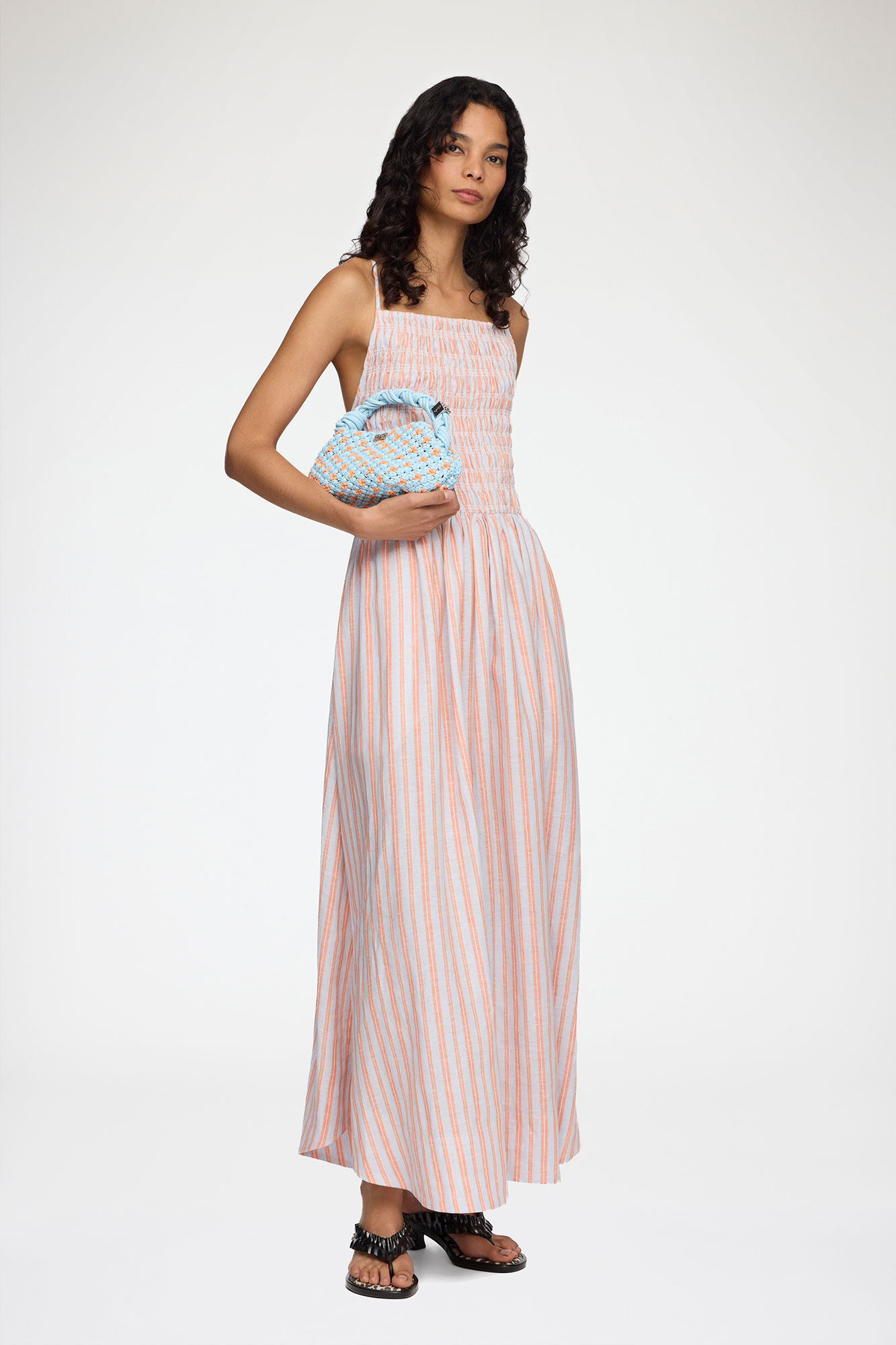 Dress in Striped Linen, Linen, in colour Cantaloupe - 1 - GANNI