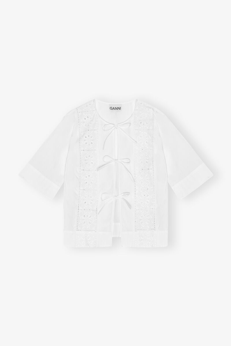 White Broderie Anglaise Tie Blouse, Cotton, in colour Bright White - 1 - GANNI
