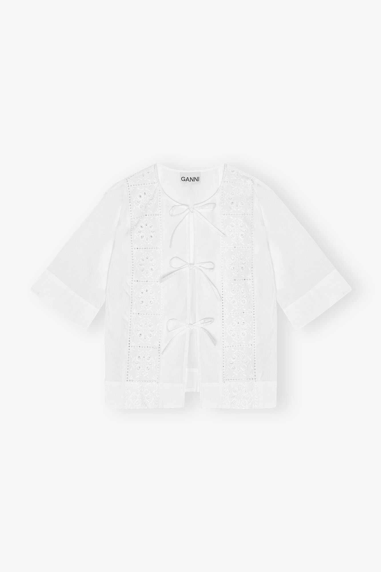 White Broderie Anglaise Tie Blouse, Cotton, in colour Bright White - 1 - GANNI