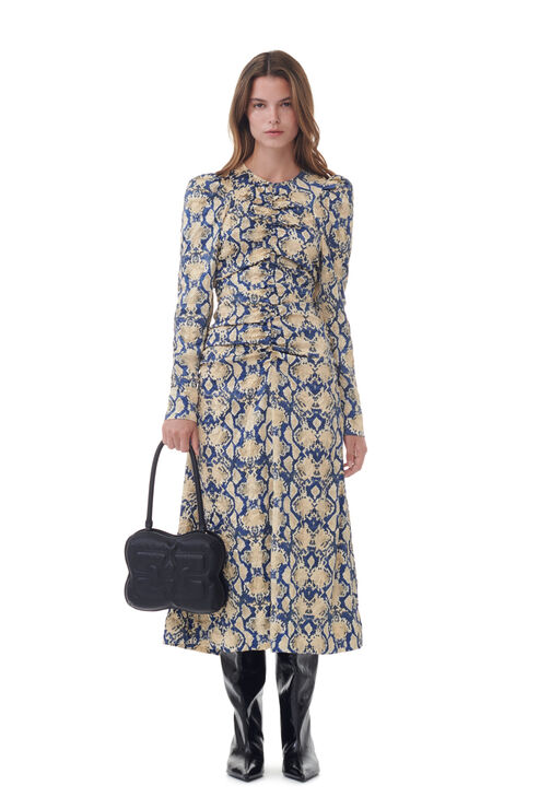 GANNI SNAKE PRINTED CRINKLED SATIN O-NECK MIDI DRESS